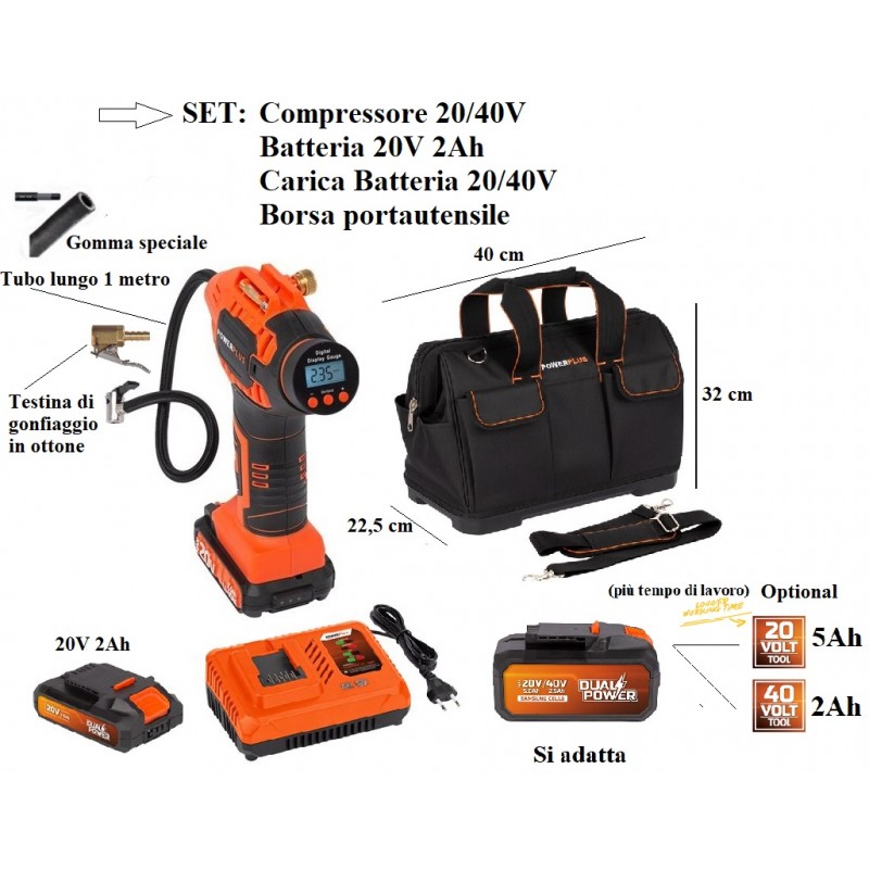 compressore portatile a batteria Litio 20v 2Ah con manometro